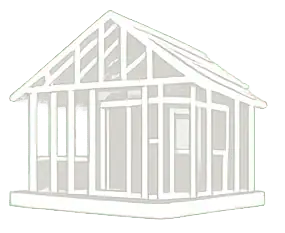 Framing structure of a house under construction with wooden beams and framework.