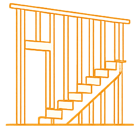 Wooden staircase under construction with framing in progress.