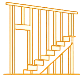 Wooden staircase under construction with framing in progress.